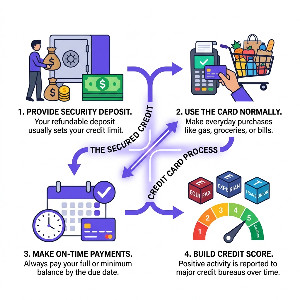 Infographic showing how a secured credit card works: deposit sets credit limit, use card normally, pay on time, build credit