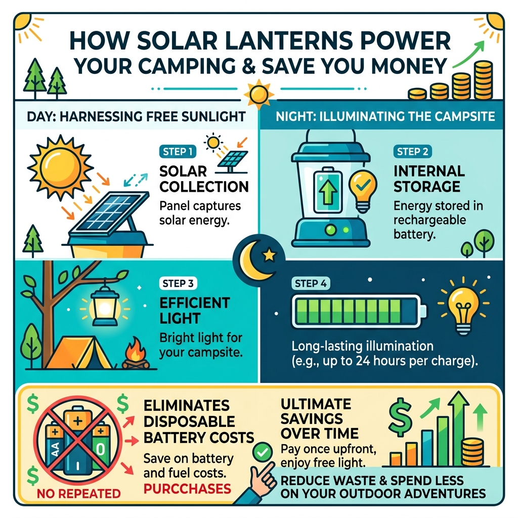 How solar lanterns convert sunlight into evening campsite light and eliminate battery costs - solar lantern camping savings