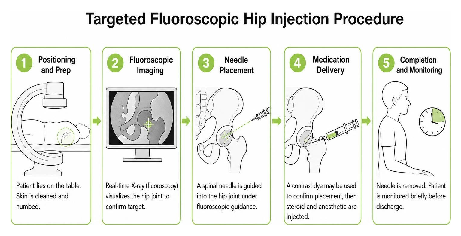 Targeted fluoroscopic hip injection procedure diagram