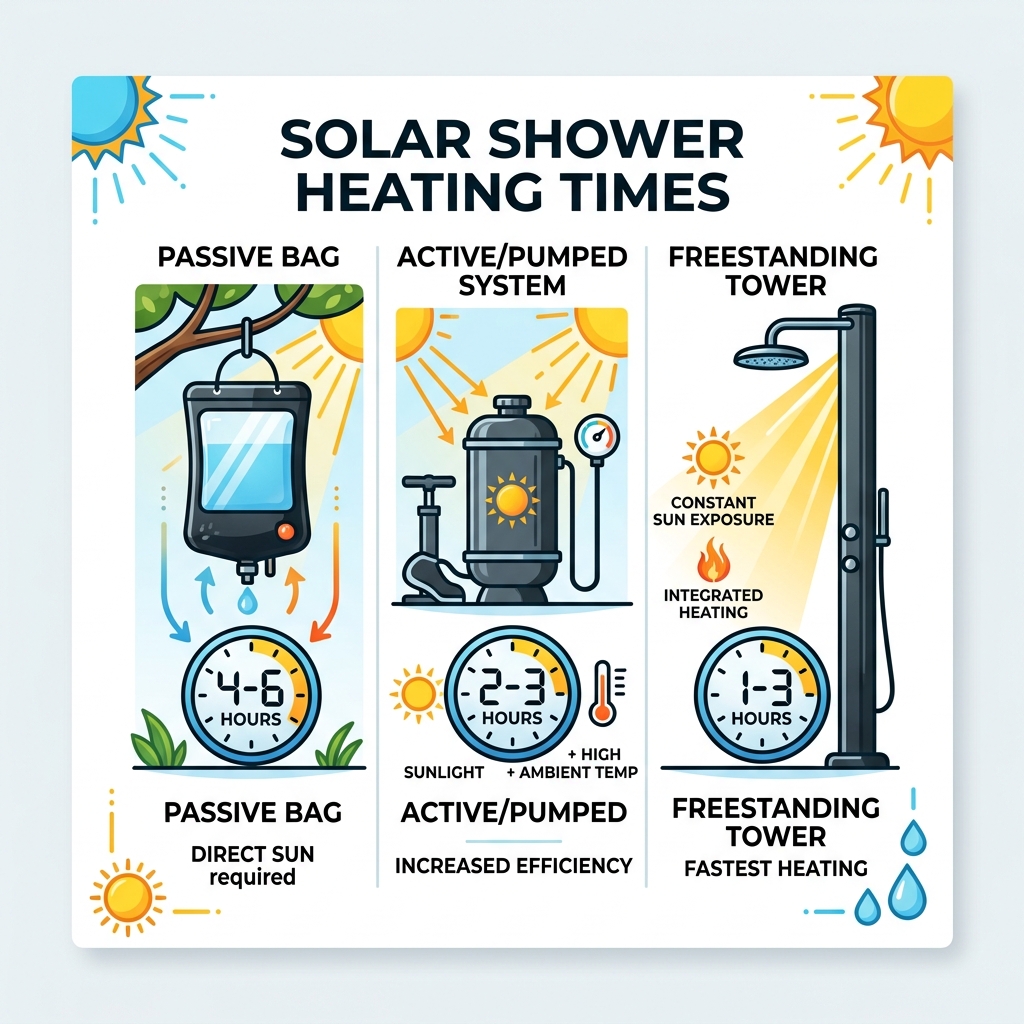 Comparison of heating times passive vs active solar showers - solar hot water shower infographic 