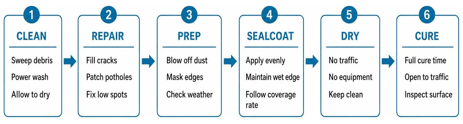 Step-by-step parking lot resealing workflow from prep to curing Step-by-step parking lot resealing workflow from prep to curing