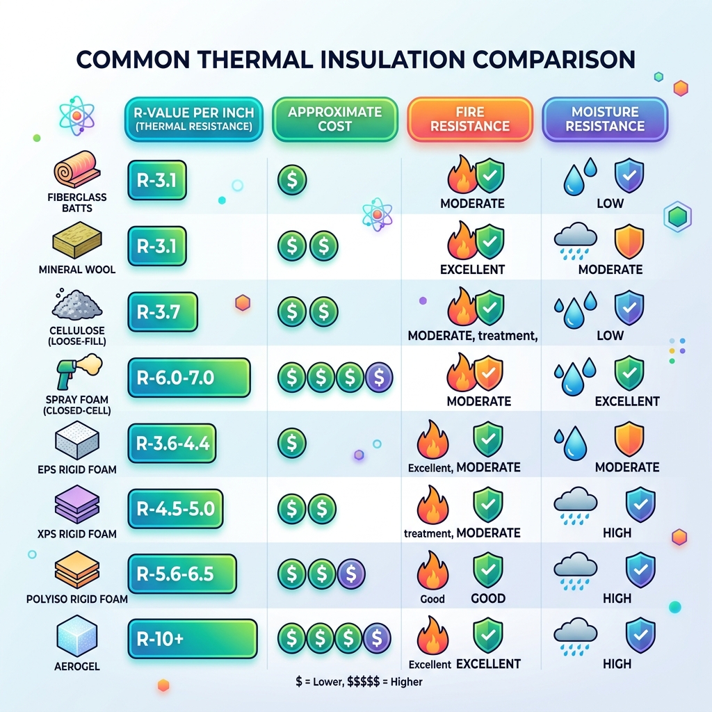 Comparison infographic of common thermal insulation types by R-value, cost, fire resistance, and moisture resistance
