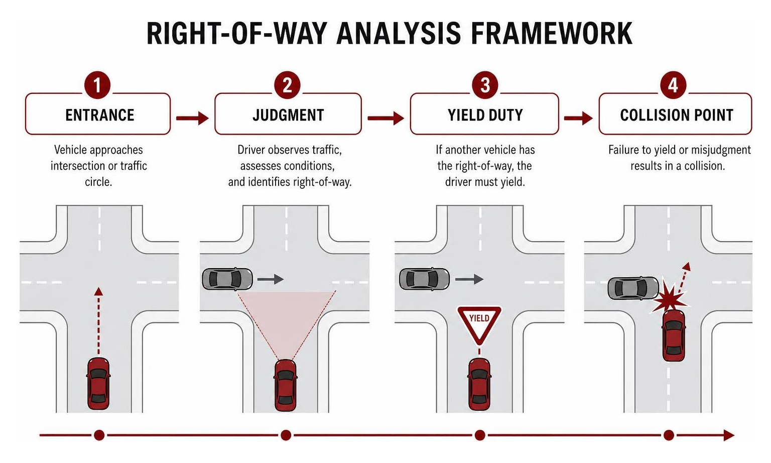Right of way analysis framework showing entrance, judgment, yield duty, and collision point Right of way analysis framework showing entrance, judgment, yield duty, and collision point