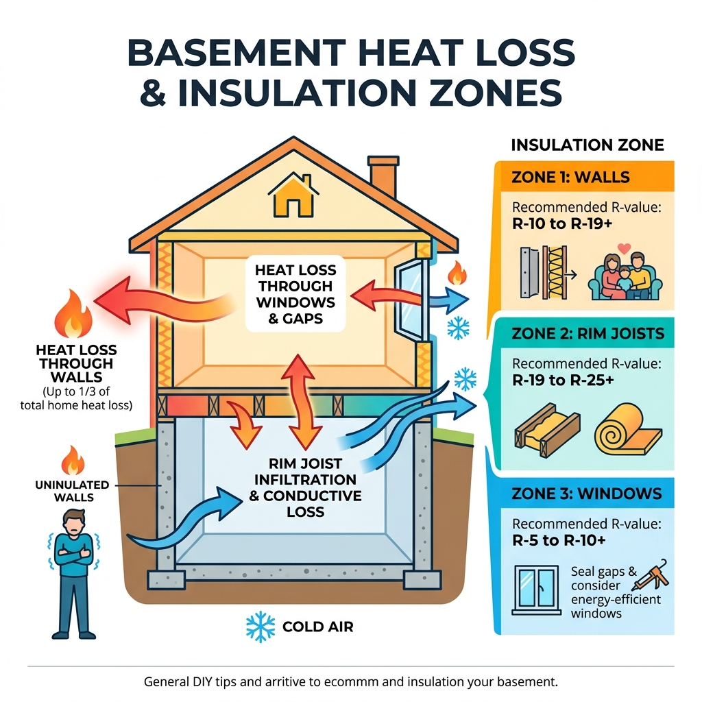 Infographic showing basement heat loss pathways through walls, rim joists, and windows with insulation R-value zones - diy