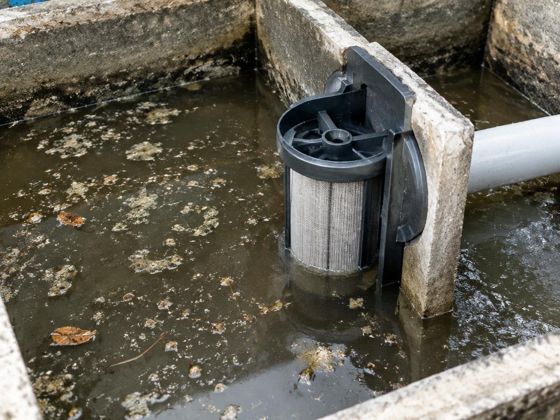 septic tank outlet baffle showing filter cartridge location