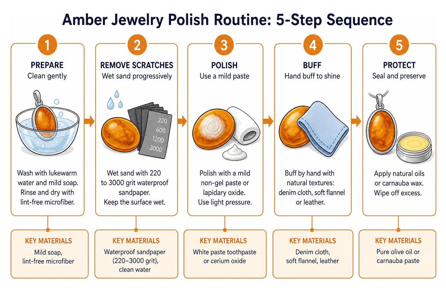 Step-by-step amber jewelry polish sequence