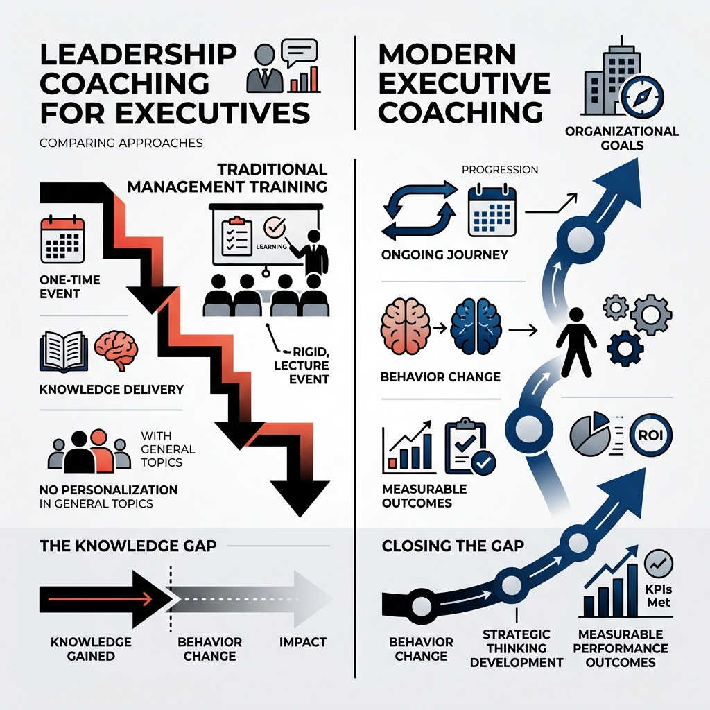 Infographic showing the gap between traditional management training and modern executive coaching: training delivers knowledge in a one-time event with no personalization, while executive coaching delivers ongoing behavior change, strategic thinking development, and measurable performance outcomes through a tailored, one-on-one process aligned with organizational goals - leadership coaching for executives infographic Infographic showing the gap between traditional management training and modern executive coaching: training delivers knowledge in a one-time event with no personalization, while executive coaching delivers ongoing behavior change, strategic thinking development, and measurable performance outcomes through a tailored, one-on-one process aligned with organizational goals - leadership coaching for executives infographic