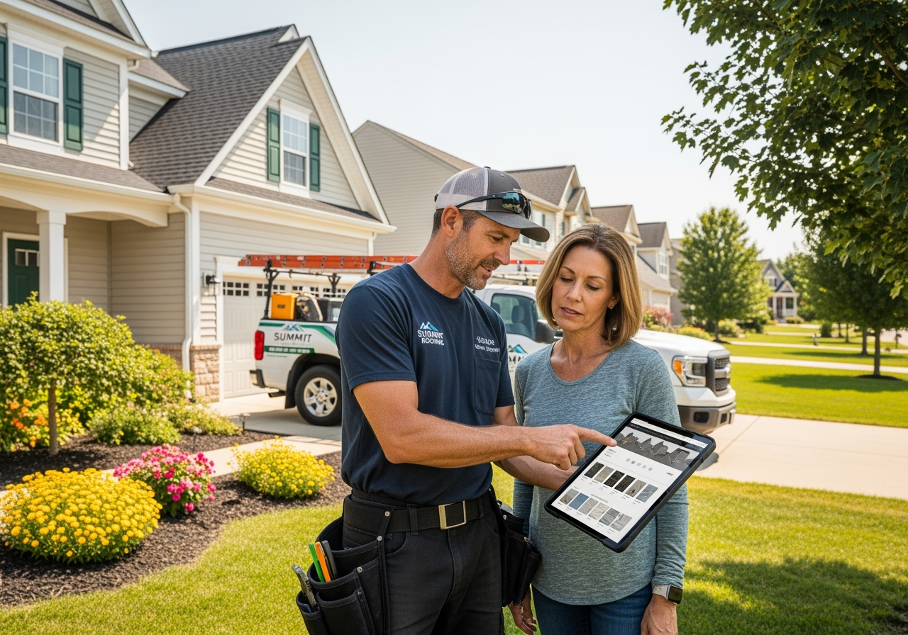 a professional roofer discussing plans with a homeowner while looking at a tablet displaying a website - roofer website development