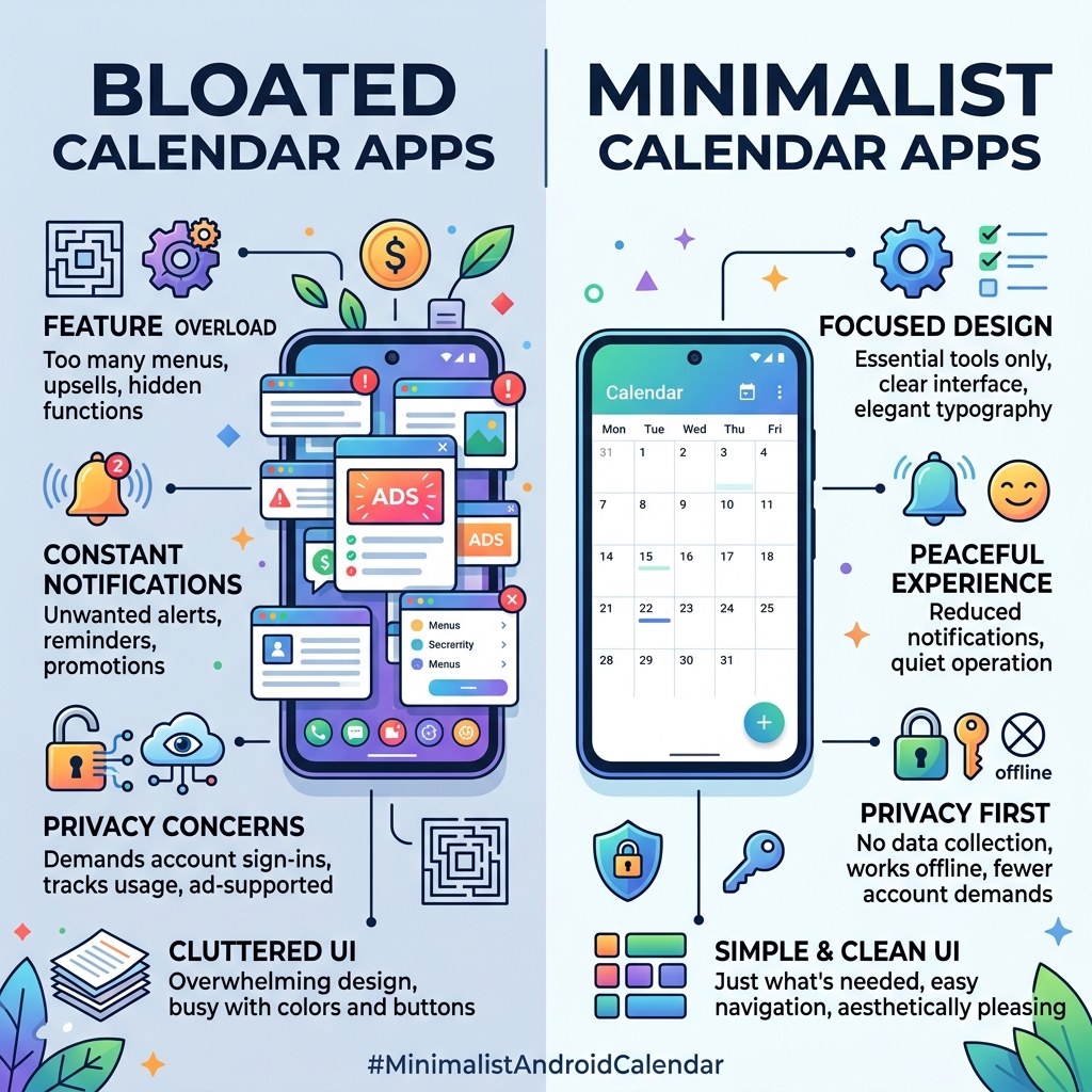 comparison infographic bloated vs minimalist calendar apps on Android showing features, privacy, and clutter - minimalistic