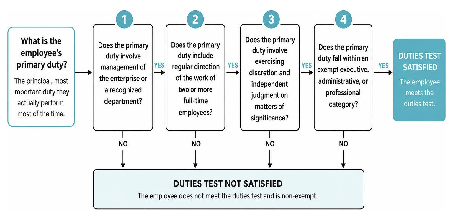 Diagram showing the decision-making process for the duties test