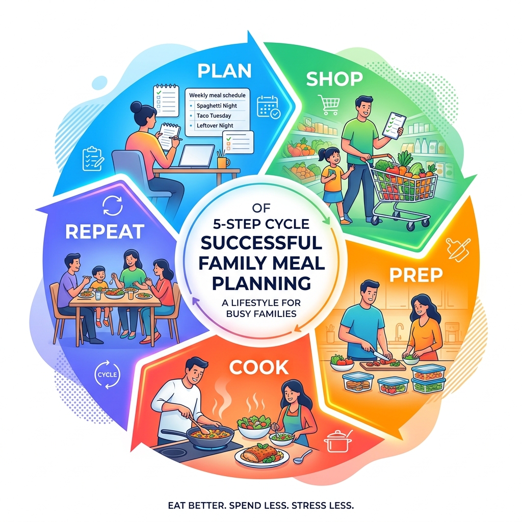 5-step cycle of successful family meal planning: plan, shop, prep, cook, repeat - family meal plan and shopping list 5-step cycle of successful family meal planning: plan, shop, prep, cook, repeat - family meal plan and shopping list