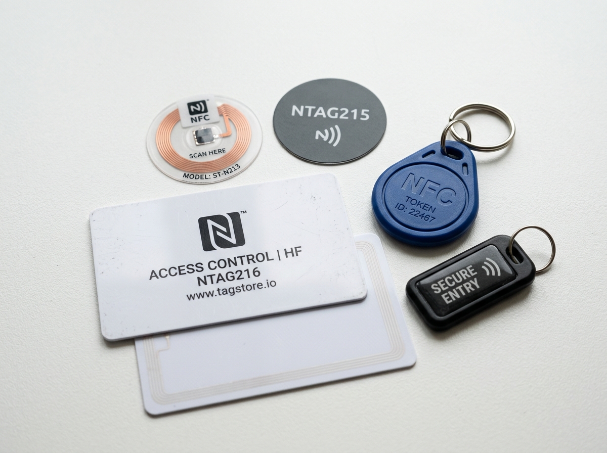 Various NFC form factors including stickers, cards, and key fobs - home automation nfc tags