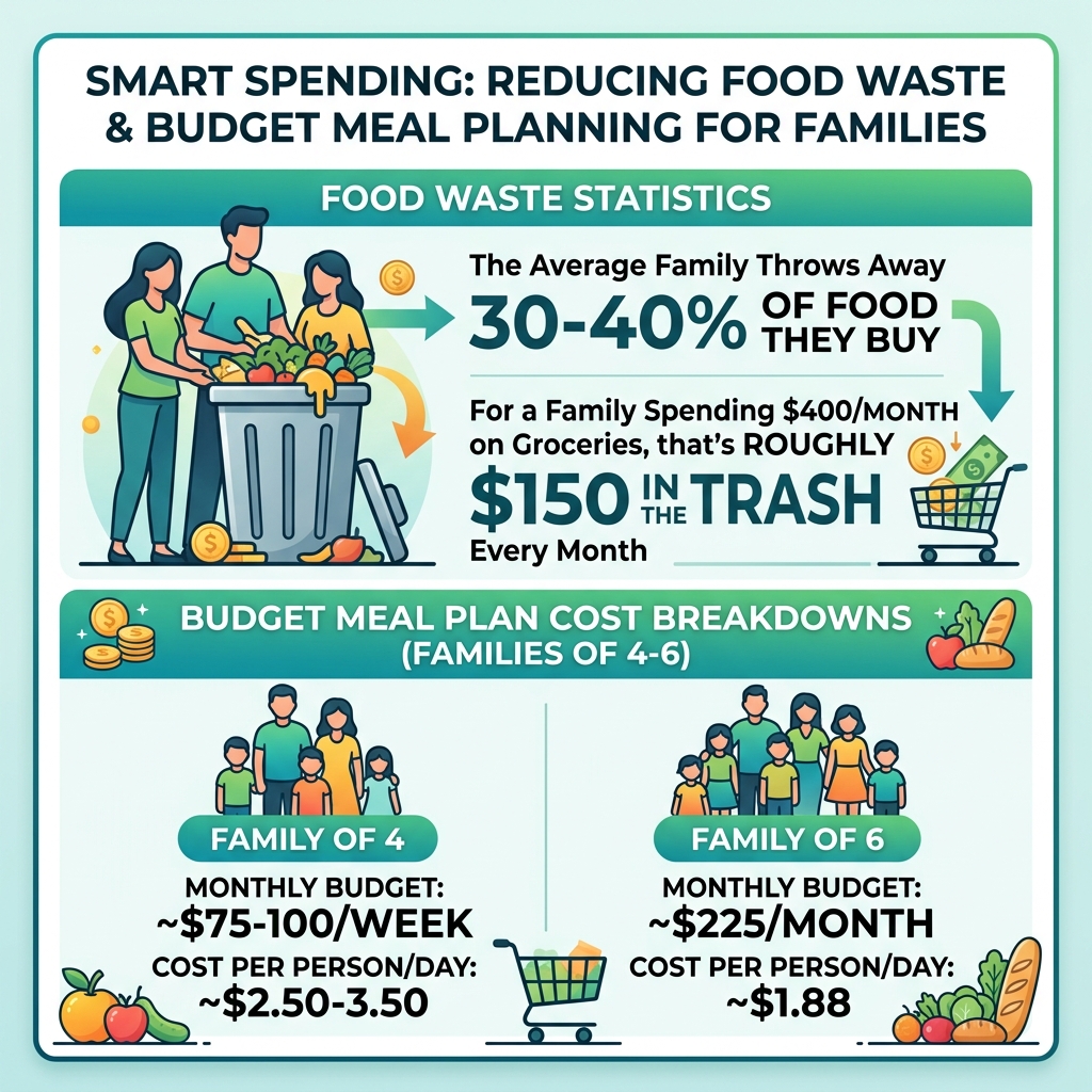 Infographic showing food waste statistics and budget meal plan cost breakdowns for families of 4-6 - budget friendly family