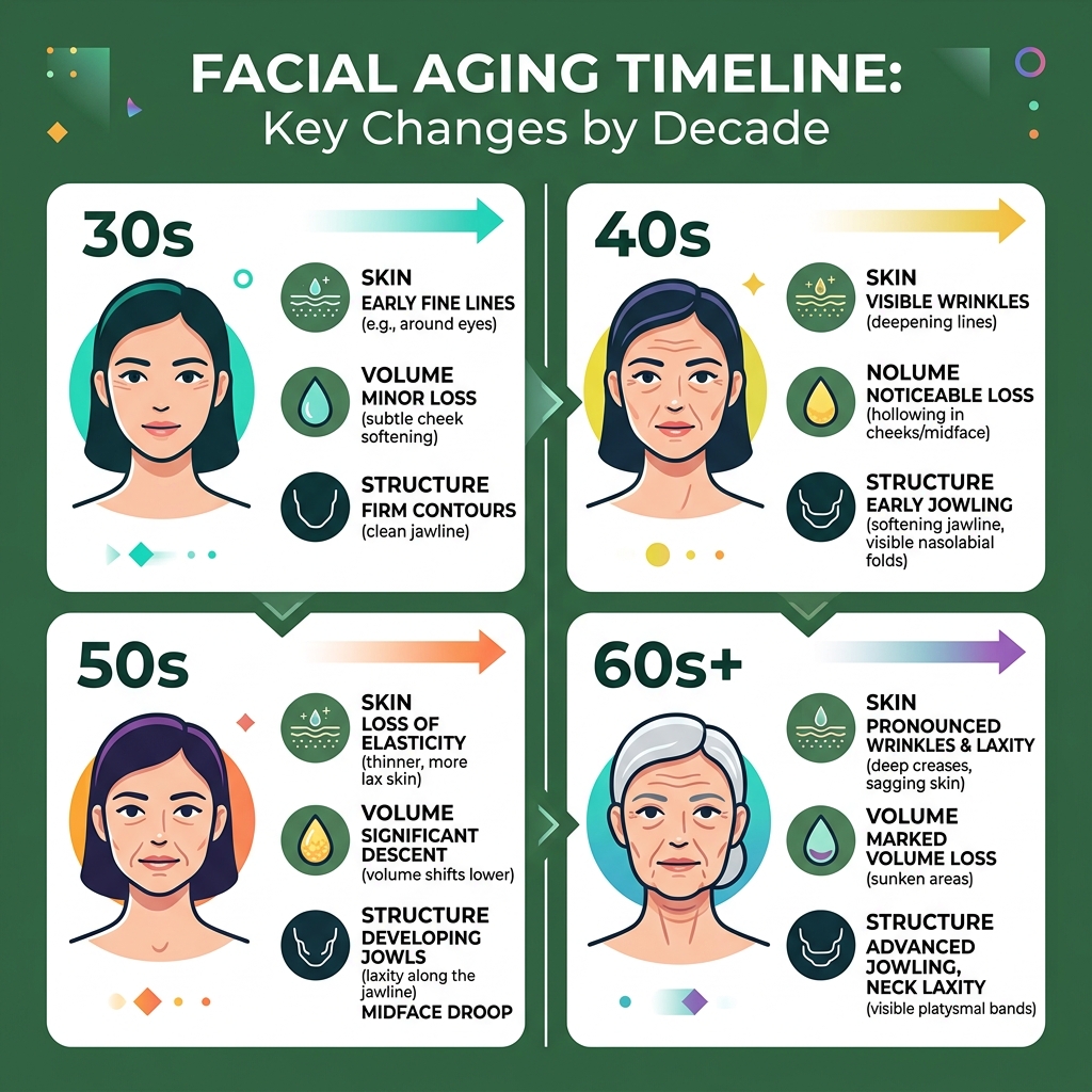 Facial aging timeline by decade showing changes in skin, volume, and structure from 30s through 60s - facelift by age