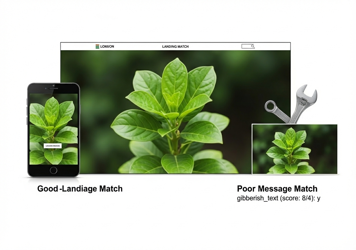 Image comparing effective ad landing page match with poor messaging, featuring a smartphone displaying green leaves and a wrench icon indicating poor relevance.