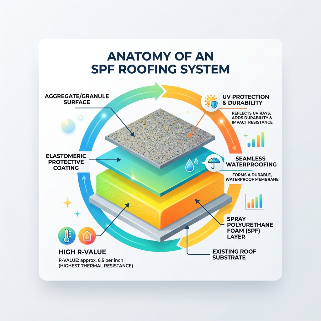 Layers of an SPF roofing system showing foam, coating, and granule layers with R-value and waterproofing labels - foam