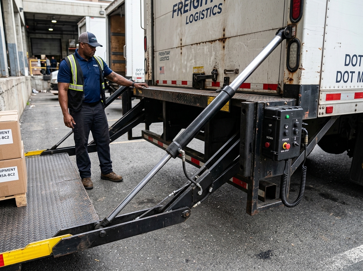 A motorized liftgate platform showing hydraulic cylinders and control box - liftgate service