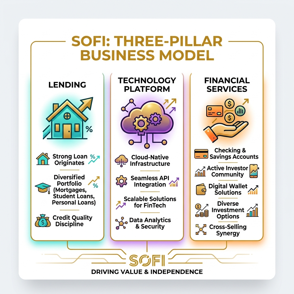 SoFi three-pillar business model: Lending, Technology Platform, Financial Services with key metrics - sofi stock infographic 