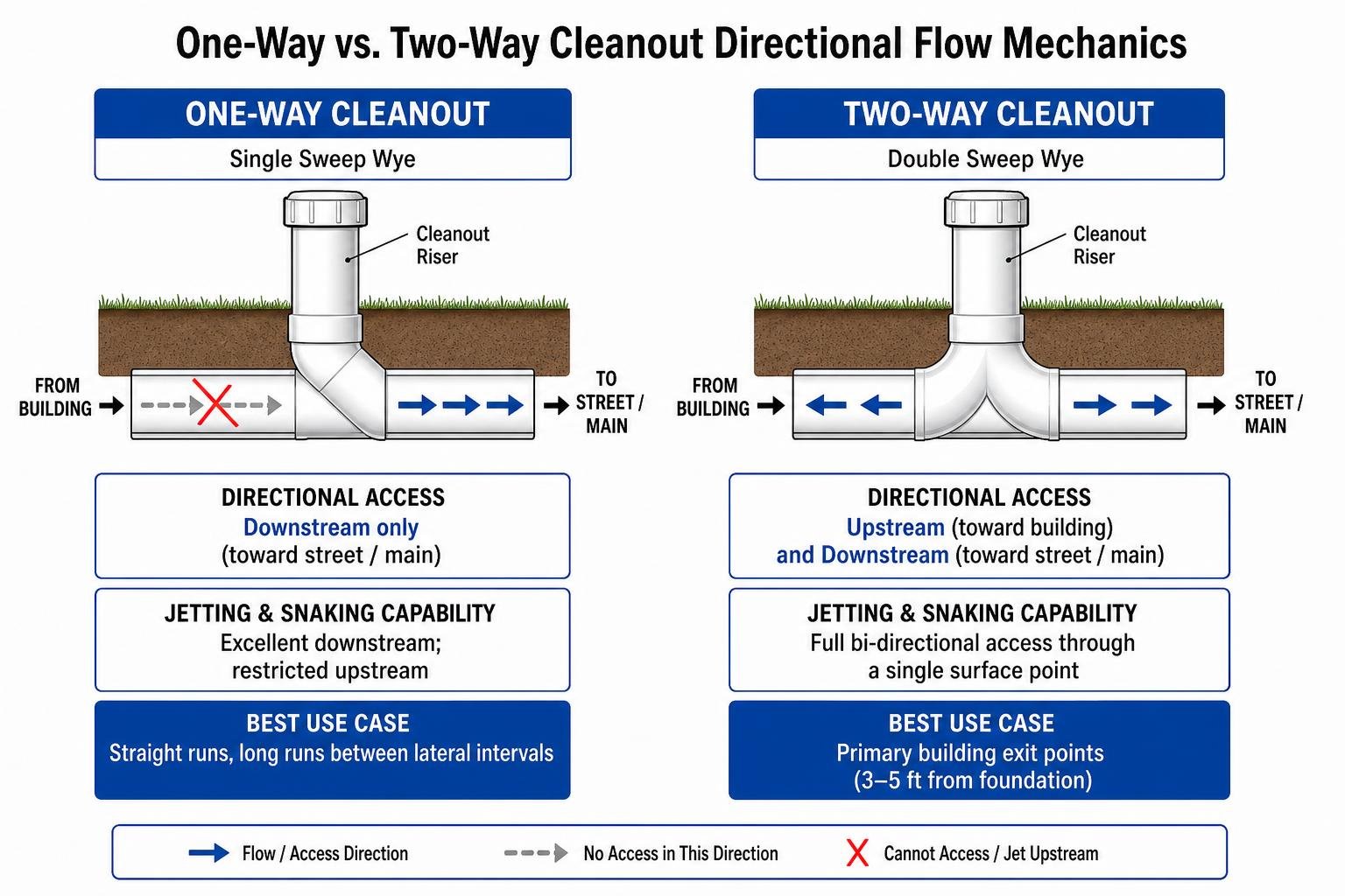 One-way versus two-way cleanout directional flow mechanics One-way versus two-way cleanout directional flow mechanics