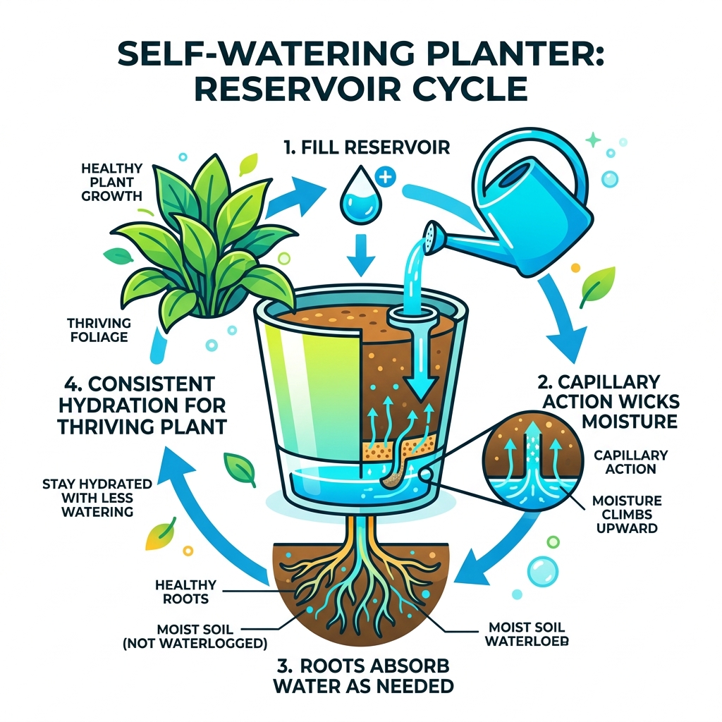 self-watering planter reservoir cycle showing water wicking up from base to roots - self watering planters for indoor plants