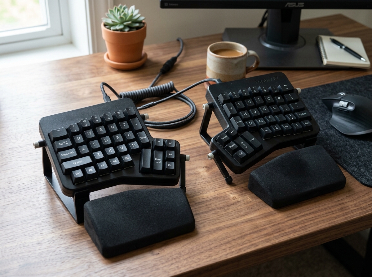 A split keyboard design showing adjustable tilt and negative angles - Ergonomic keyboard deals