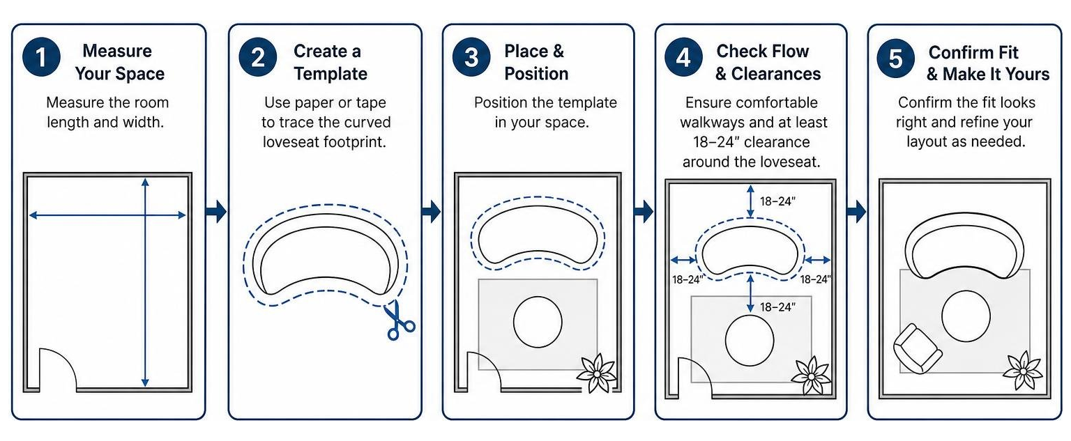 Diagram showing step-by-step room planning and measurement for curved furniture Diagram showing step-by-step room planning and measurement for curved furniture