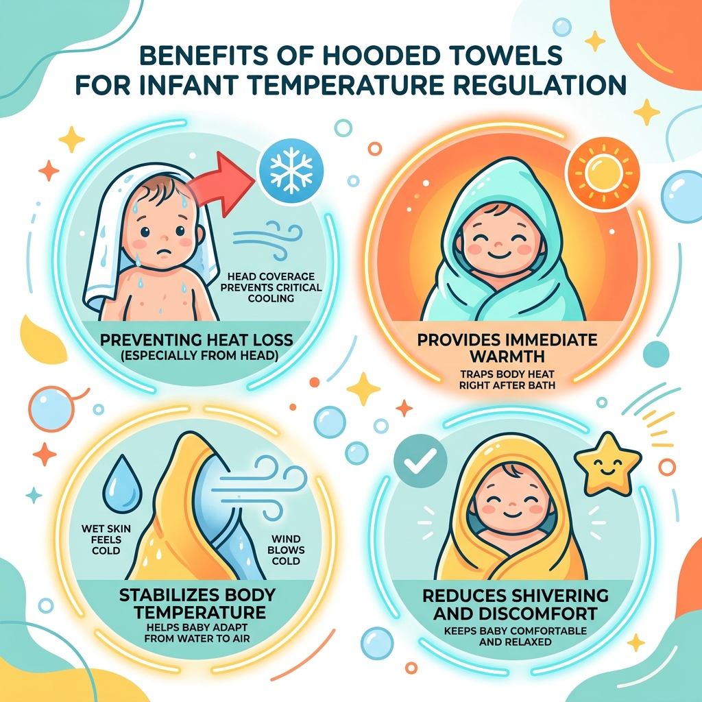 infographic showing benefits of hooded towels for infant temperature regulation after bath - baby towels with hoods