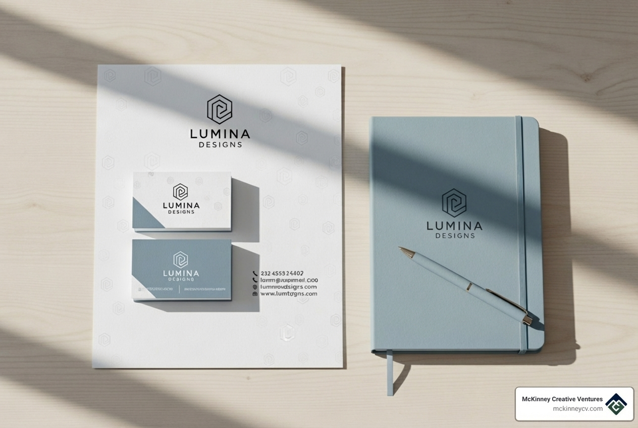 cohesive brand stationery set including a business card, letterhead, and a branded notebook. - print marketing materials examples