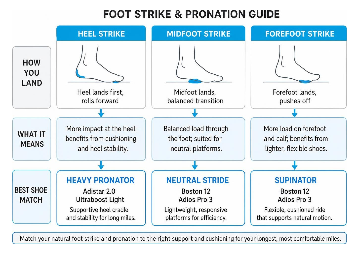 Diagram of foot strike mechanics and shoe selection matching Diagram of foot strike mechanics and shoe selection matching