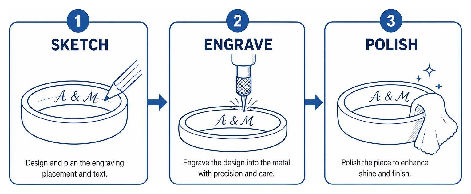 Process diagram of sketching, engraving, and polishing jewelry Process diagram of sketching, engraving, and polishing jewelry