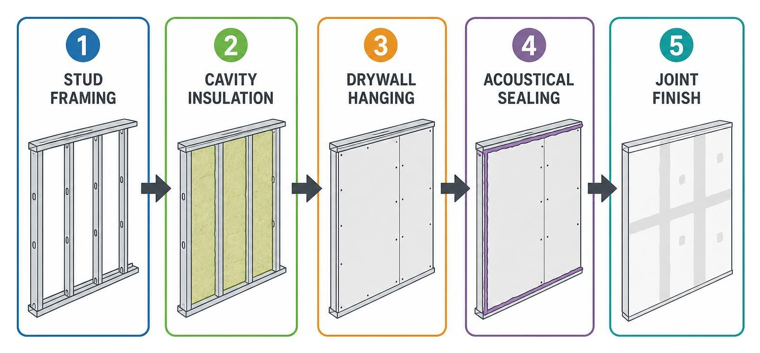 Workflow sequence: stud framing, cavity insulation, drywall hanging, acoustical sealing, joint finish Workflow sequence: stud framing, cavity insulation, drywall hanging, acoustical sealing, joint finish