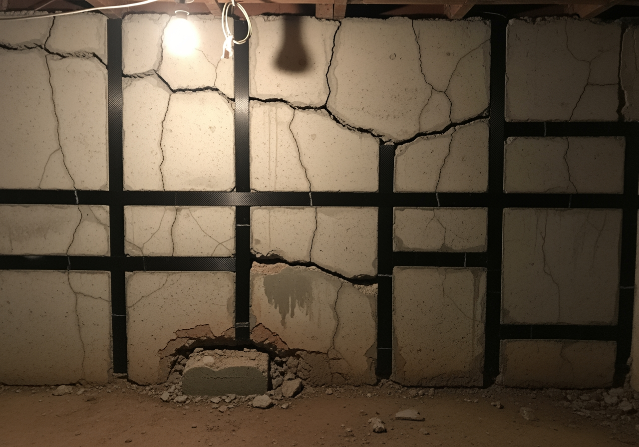 cracked foundation wall reinforced with carbon fiber straps - specialized construction services