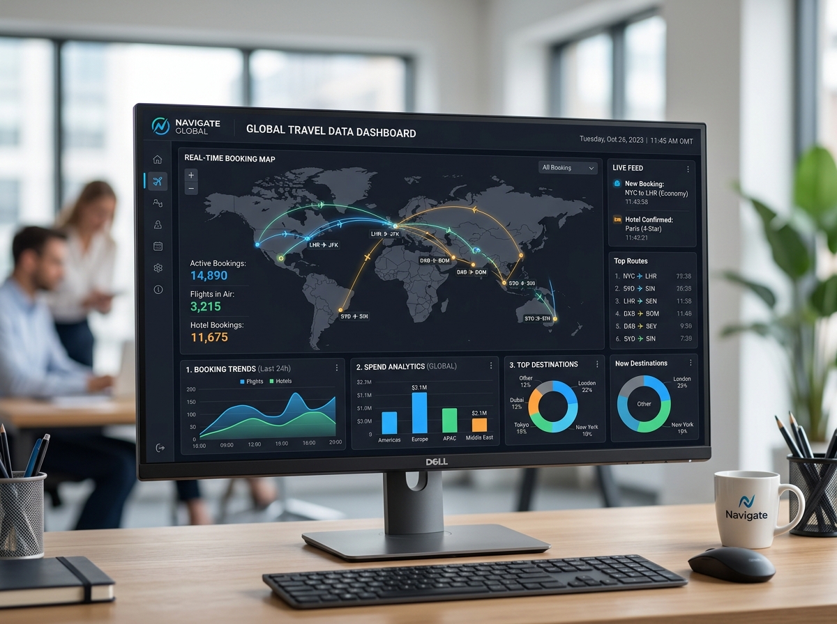 digital travel dashboard showing real-time global booking data and spend analytics - enterprise travel solutions digital travel dashboard showing real-time global booking data and spend analytics - enterprise travel solutions