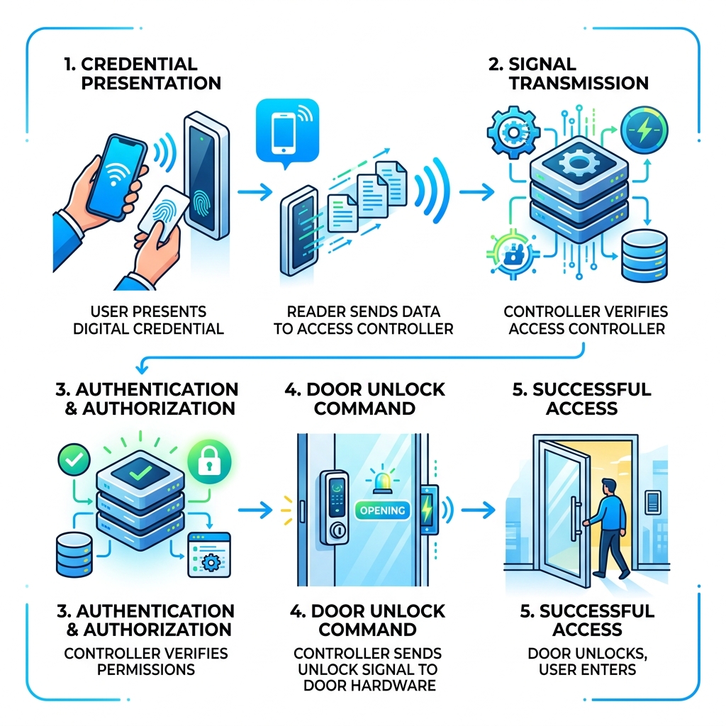 Digital access authentication flow: credential presentation to door unlock steps - building access systems infographic 