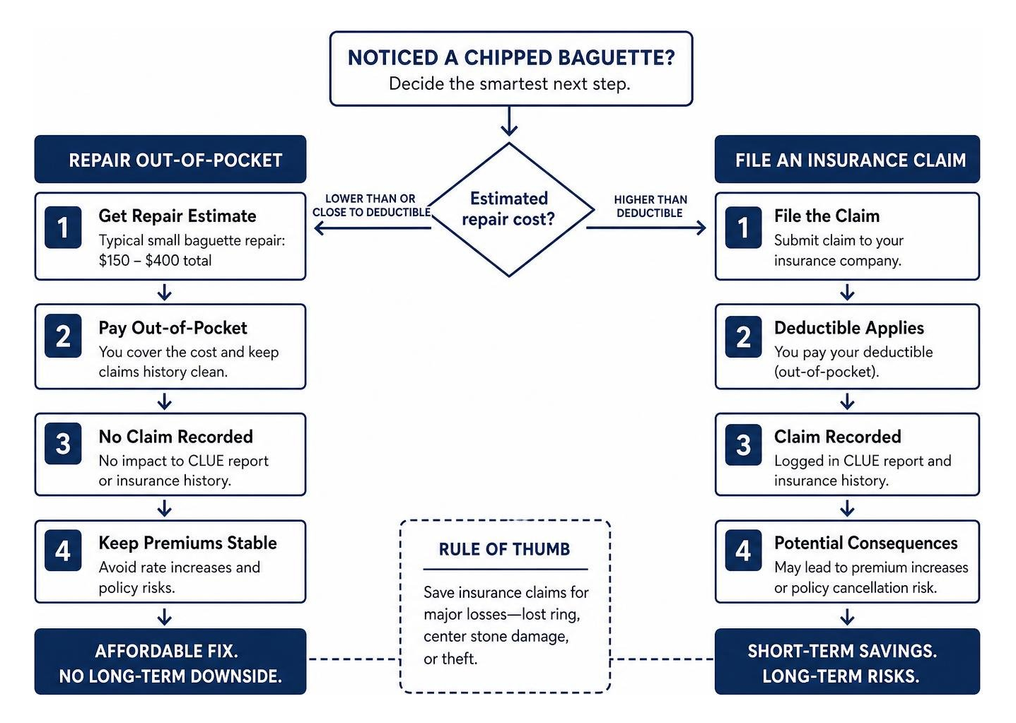 Decision flowchart: Repairing out-of-pocket vs filing an insurance claim Decision flowchart: Repairing out-of-pocket vs filing an insurance claim