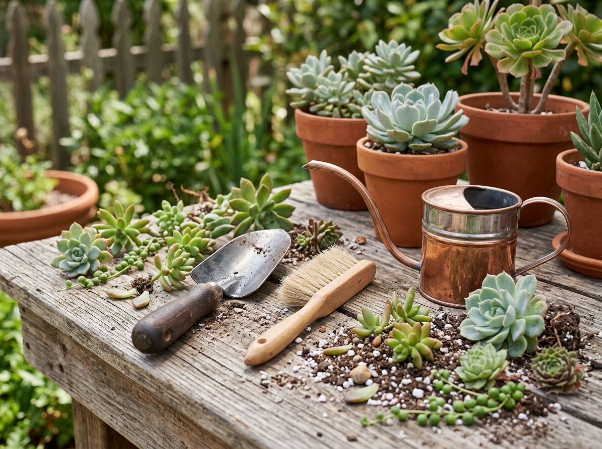 essential gardening tools for succulent arrangements including small trowel, brush, and watering can - simple succulent