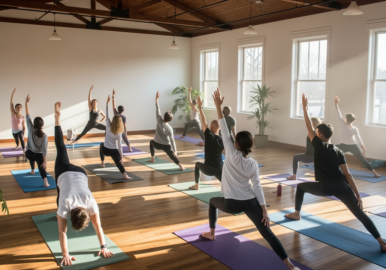 A group yoga class in session in a spacious studio - Fitness studio for rent