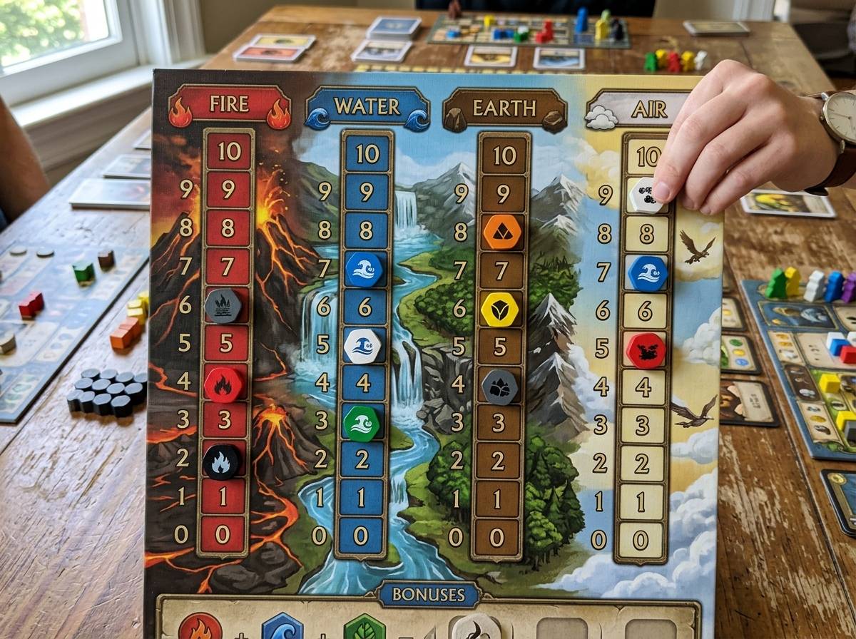 The four cult tracks showing progress markers for fire, water, earth, and air - terra mystica strategy guide