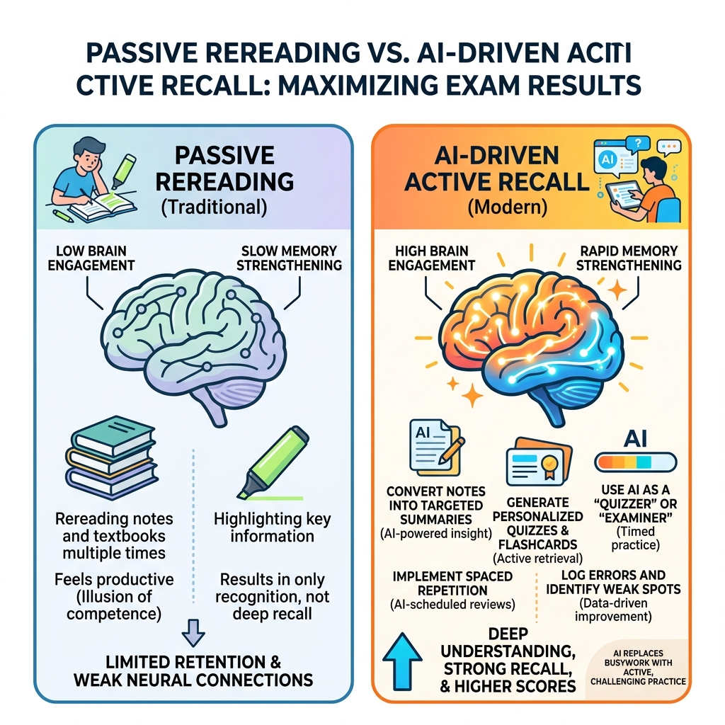 Passive rereading vs AI-driven active recall comparison infographic - exam revision ai strategies infographic 