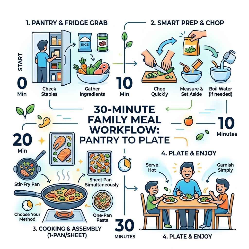Infographic showing 30-minute family meal workflow from pantry to plate - 30 minute meals for family infographic 