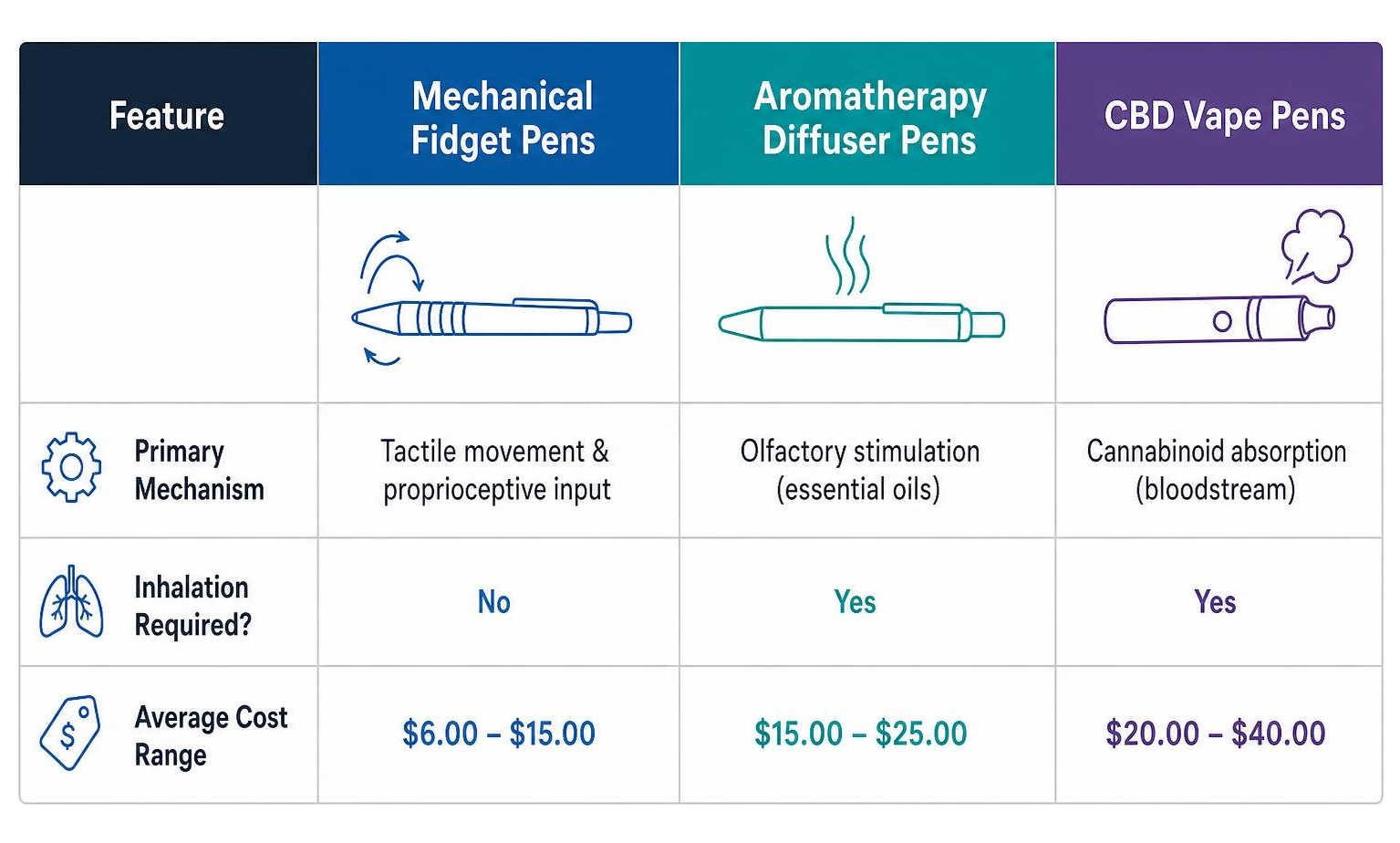 Comparison of fidget pens, aromatherapy pens, and CBD vape pens