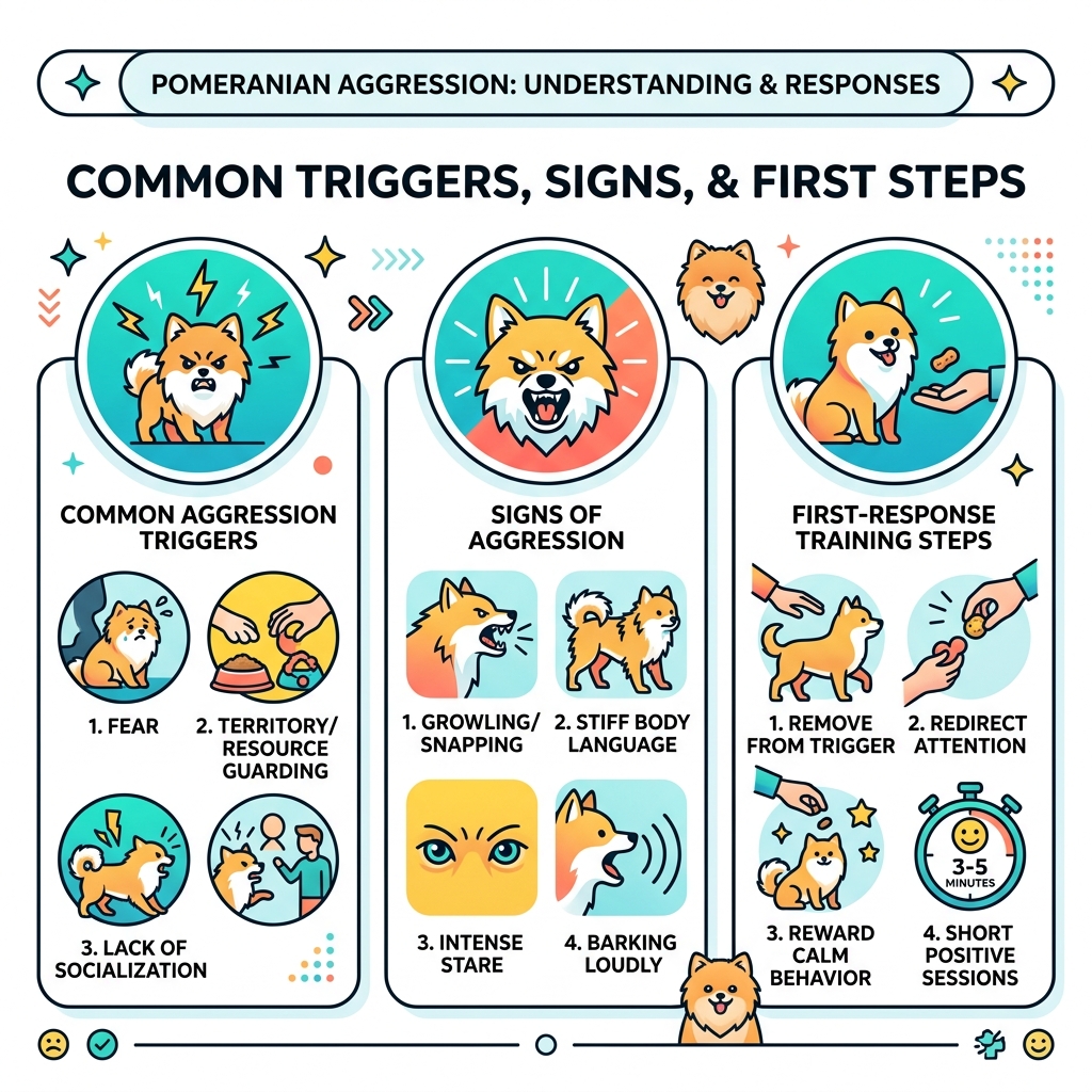 Common Pomeranian aggression triggers, signs, and first-response training steps infographic - aggressive pomeranian Common Pomeranian aggression triggers, signs, and first-response training steps infographic - aggressive pomeranian
