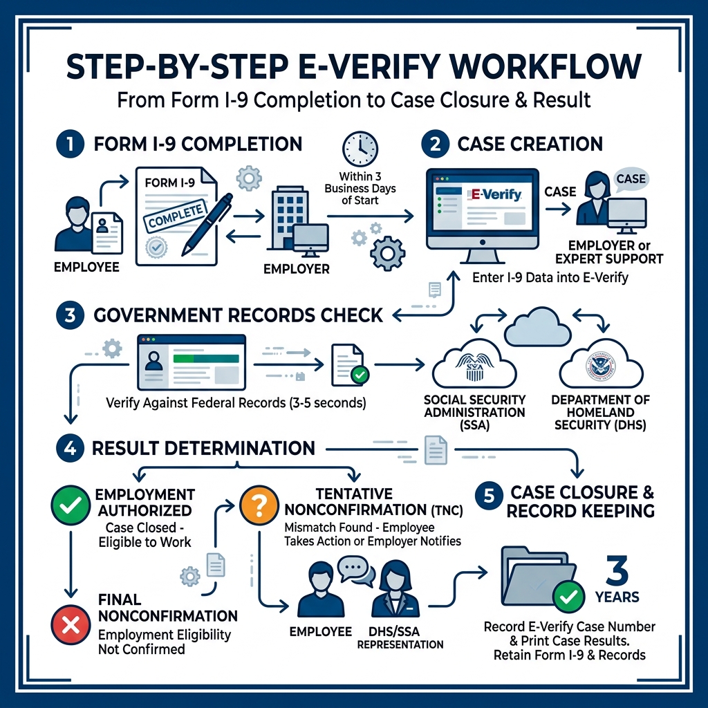 Step-by-step E-Verify workflow from Form I-9 completion to case closure and result - E-Verify expert support infographic Step-by-step E-Verify workflow from Form I-9 completion to case closure and result - E-Verify expert support infographic