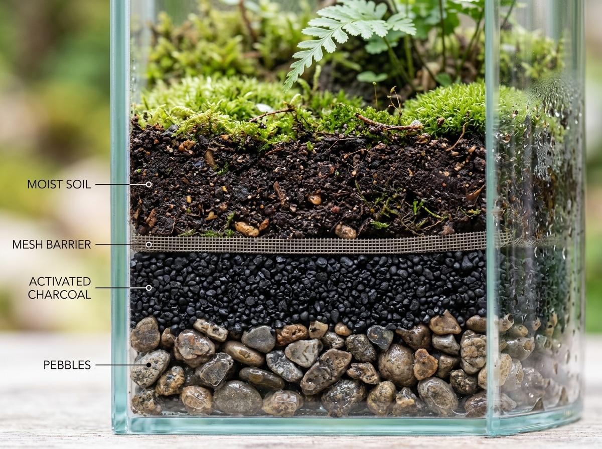 Visualizing the layers of a terrarium: pebbles, charcoal, mesh, and soil - moss and fern terrarium