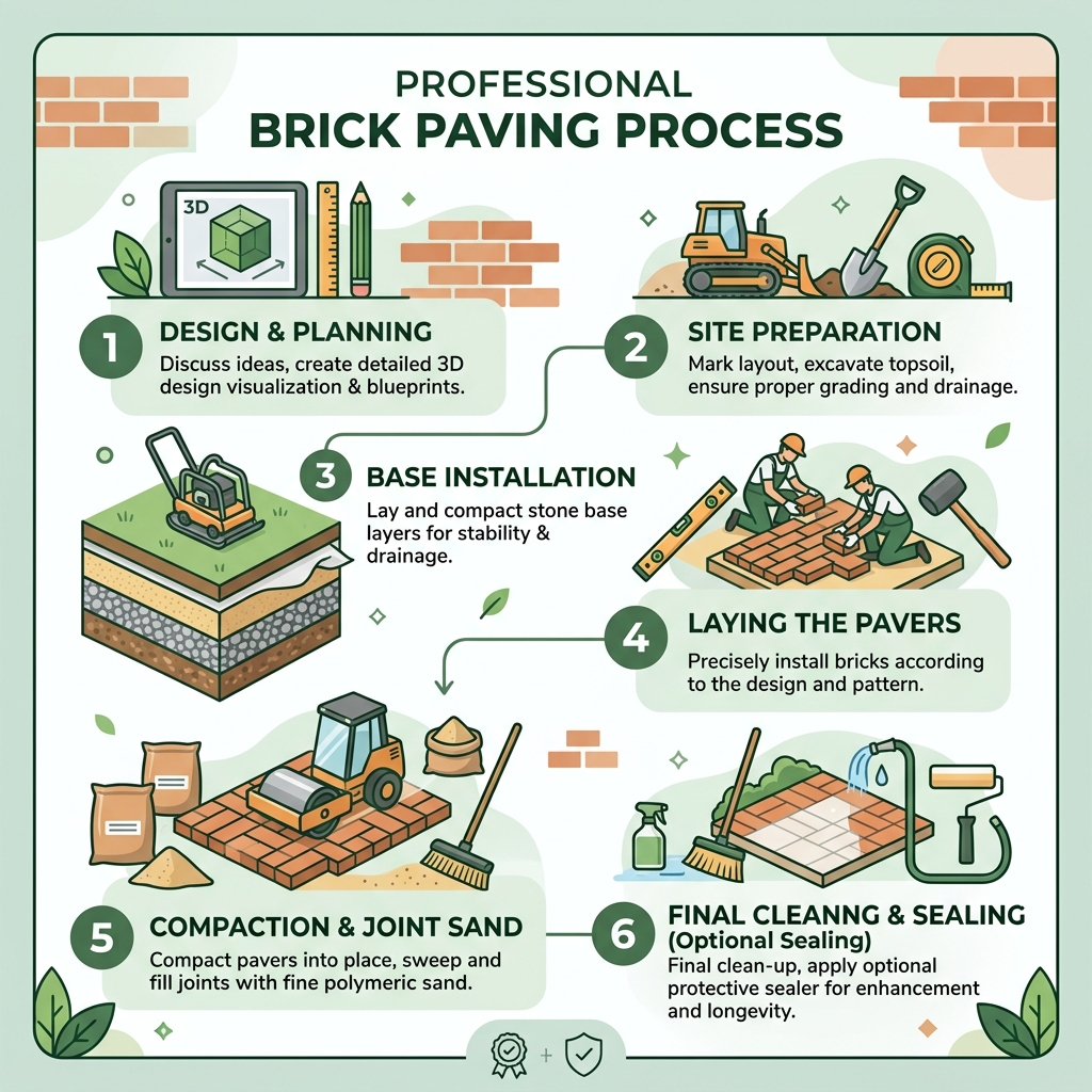 Infographic showing steps in the professional brick paving process from design to installation - brick paving companies Infographic showing steps in the professional brick paving process from design to installation - brick paving companies