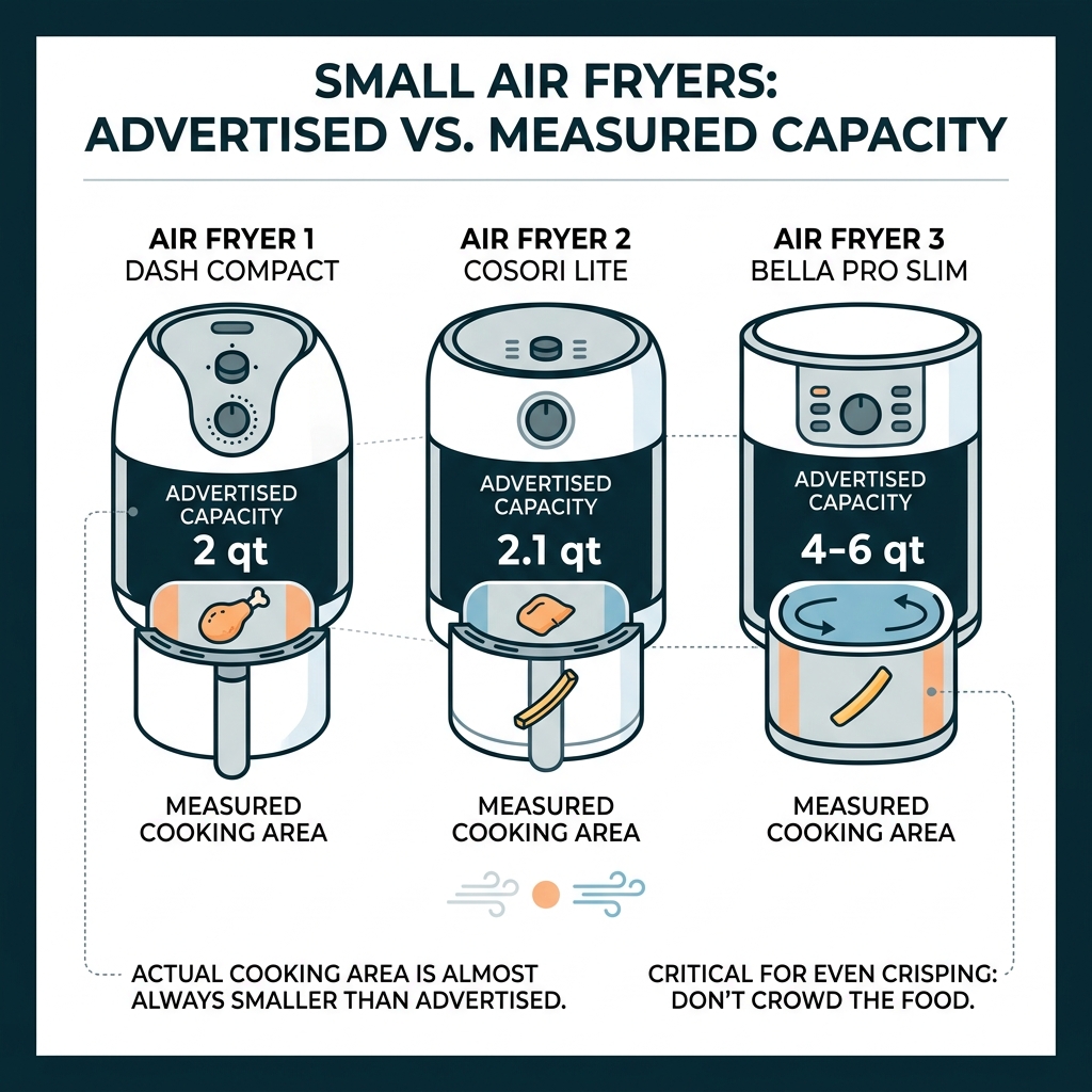 Table comparing advertised capacity vs actual measured cooking area for popular small models - best air fryers small