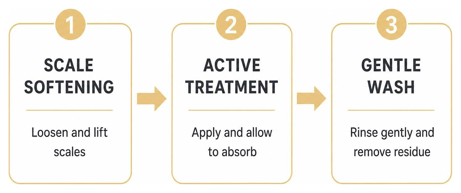 Diagram of the optimal scalp treatment application sequence: scale softening, active treatment, gentle wash