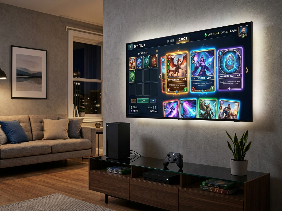 Xbox Series X console displaying digital cards on a screen - deck building games xbox Xbox Series X console displaying digital cards on a screen - deck building games xbox