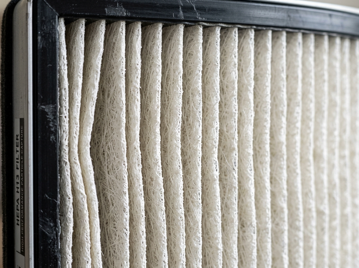 A high-performance mechanical HEPA filter showing dense pleats for particle capture - air purifiers without ozone