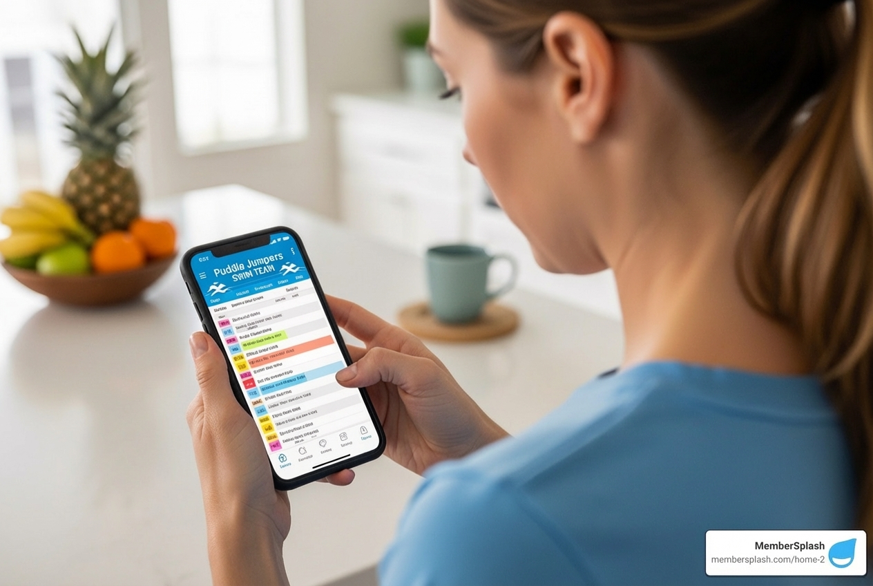 of a parent using a mobile app to check their child's swim schedule - swim team software